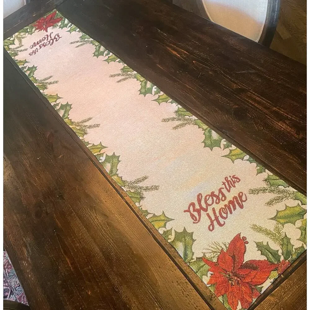Bless This Home Christmas Poinsettia Tapestry Table Runner 13x70 Cream Red NWT